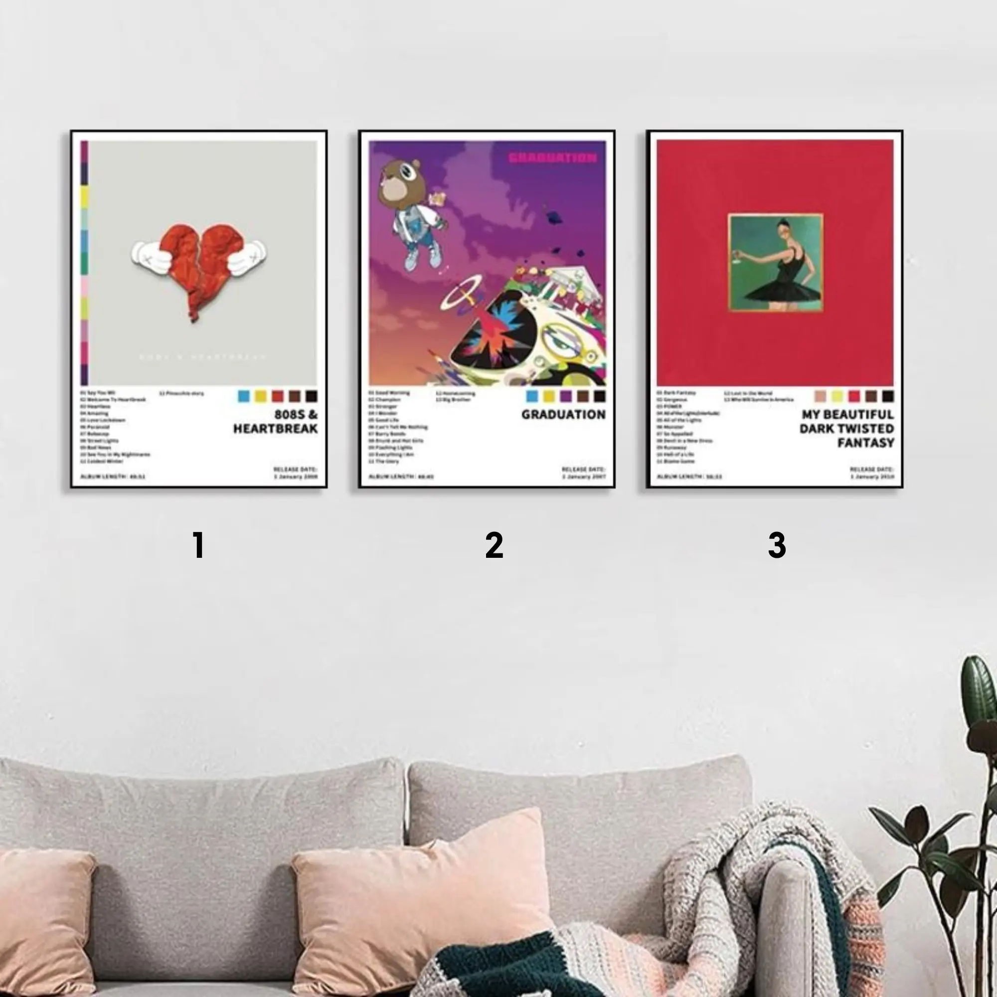 Set 3 Of 808s Heartbreak Graduation My Beautiful Dark Twisted Fantasy Music Album Cover Canvas Unframed Poster