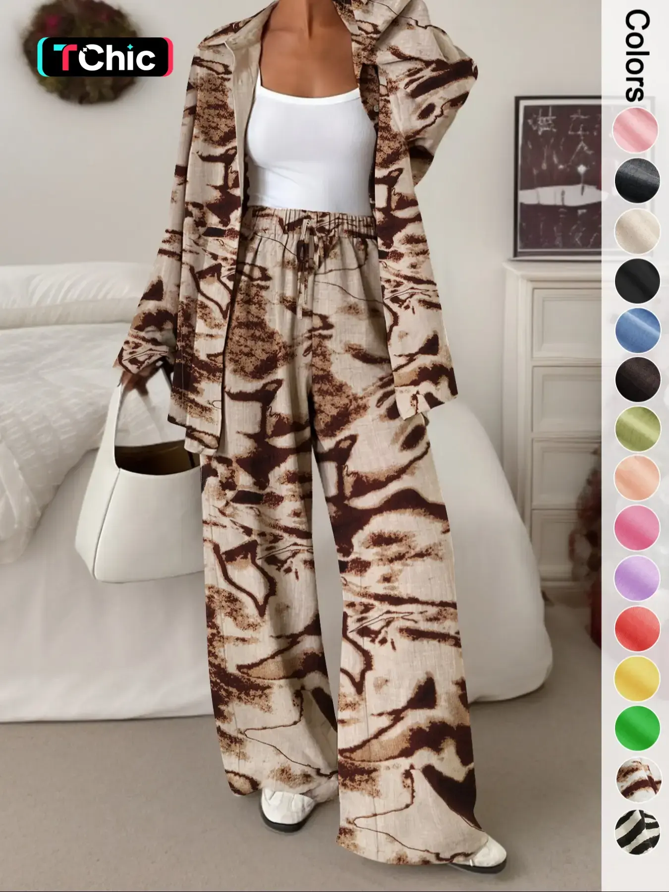 Women's Loose Fashion Zebra Striped Two-Piece Set Suit, Womenswear, Casual Long Sleeve Shirt and Wide-Leg Pants for Spring & Fall, High Waist Adjustable Drawstring Design Trousers, Loose Fit Set