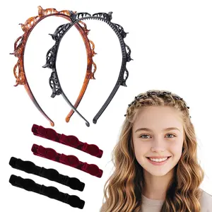 6 count Hairband with Clips, Multi Layer Hollow Band Double Bangs Hairstyle Hairpin Headband, Professional Weave Clip for Fixing Bangs and Braiding Hair(Black & Brown)
