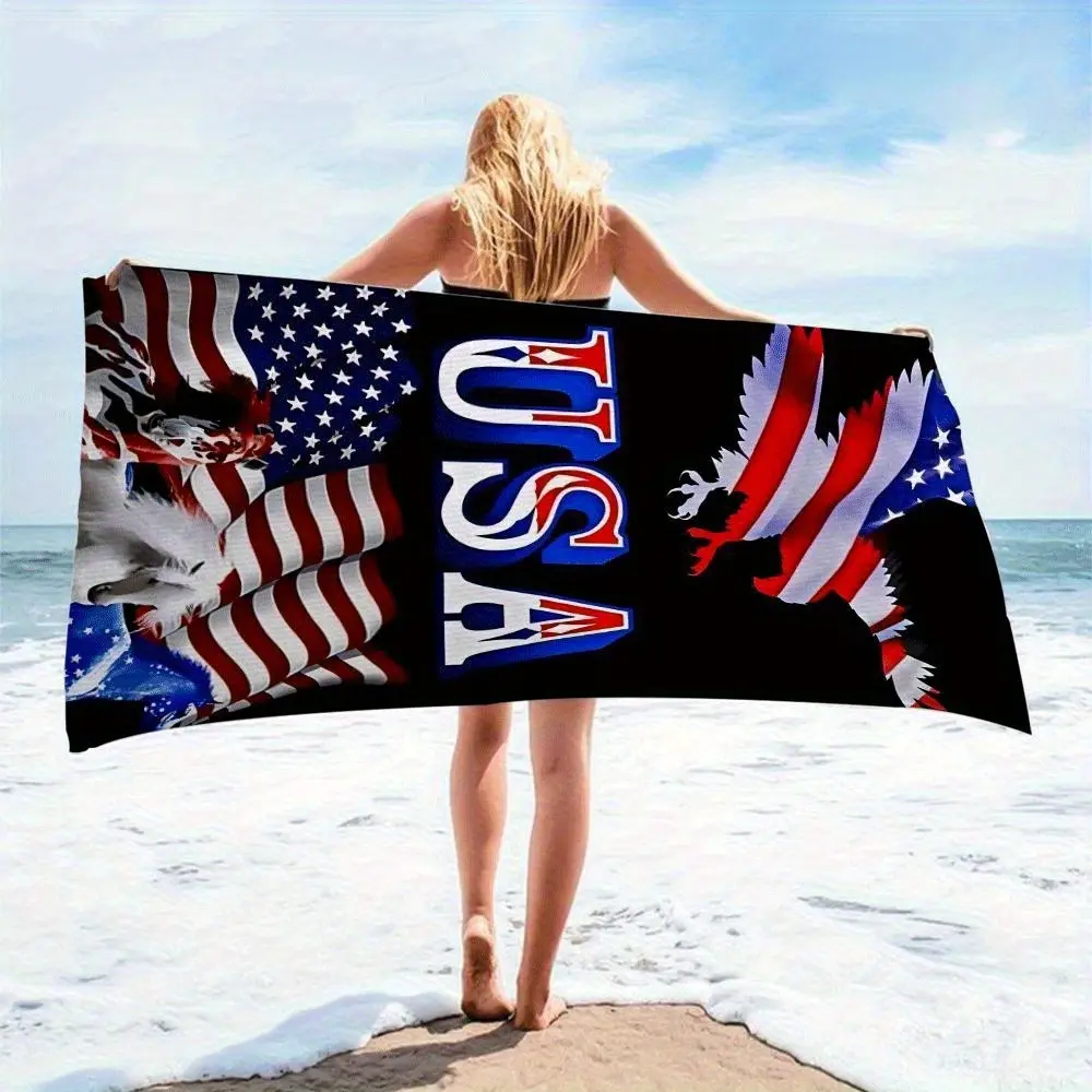 Microfiber Bath Towel - Thick American-Style Trendy Flag Print, Soft Quick-Dry Large Absorbent, Gentle and Comfortable Skin Touch, Durable and Wrinkle-Resistant, Ideal for Beach, Pool, Travel Use, Hand Wash Compatible