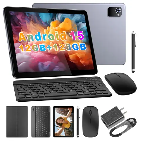 BYYBUO 10.1in Touchscreen Android 15 Pad, 12(3+9)GB+128GB Octa-Core, 5MP Front/13MP Rear Cameras, 6000mAh Battery, Type-C, Bluetooth Stylus, Wireless Keyboard-Mouse, Case, 110-240V, Ideal for Outdoor Use & Students