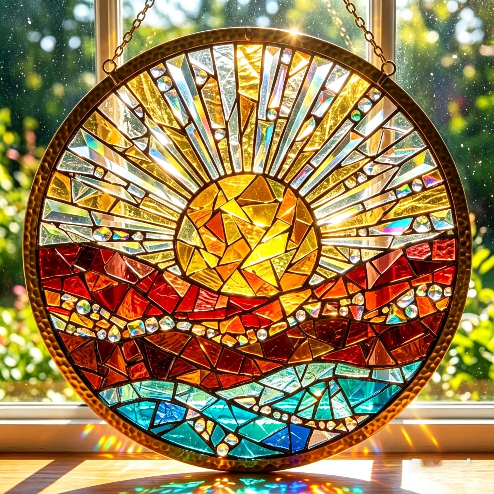 Stained Glass Sun and Sea Window Hanging, Mosaic Art Suncatcher, Boho Beach Home Decor, Round Sun Panel, Unique Nature Lover Gift