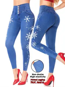 Printed Legging - Not Denim Fabric Women's Fitted High Waisted Design Jeans-Style Printed Tight Pants, Blue Denim Print Bottoms, All Season Wear, Non-Denim Fabric, Comfortable Fit