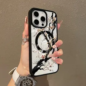 Aesthetic Magnetic Smartphone Case for iPhone 11/12/13/14/15/16/17 Pro Max, Oriental Plum Blossom Design, MagSafe Compatible, Lightweight, Anti-Fall, Girly Chic Cellphone Handheld Accessories
