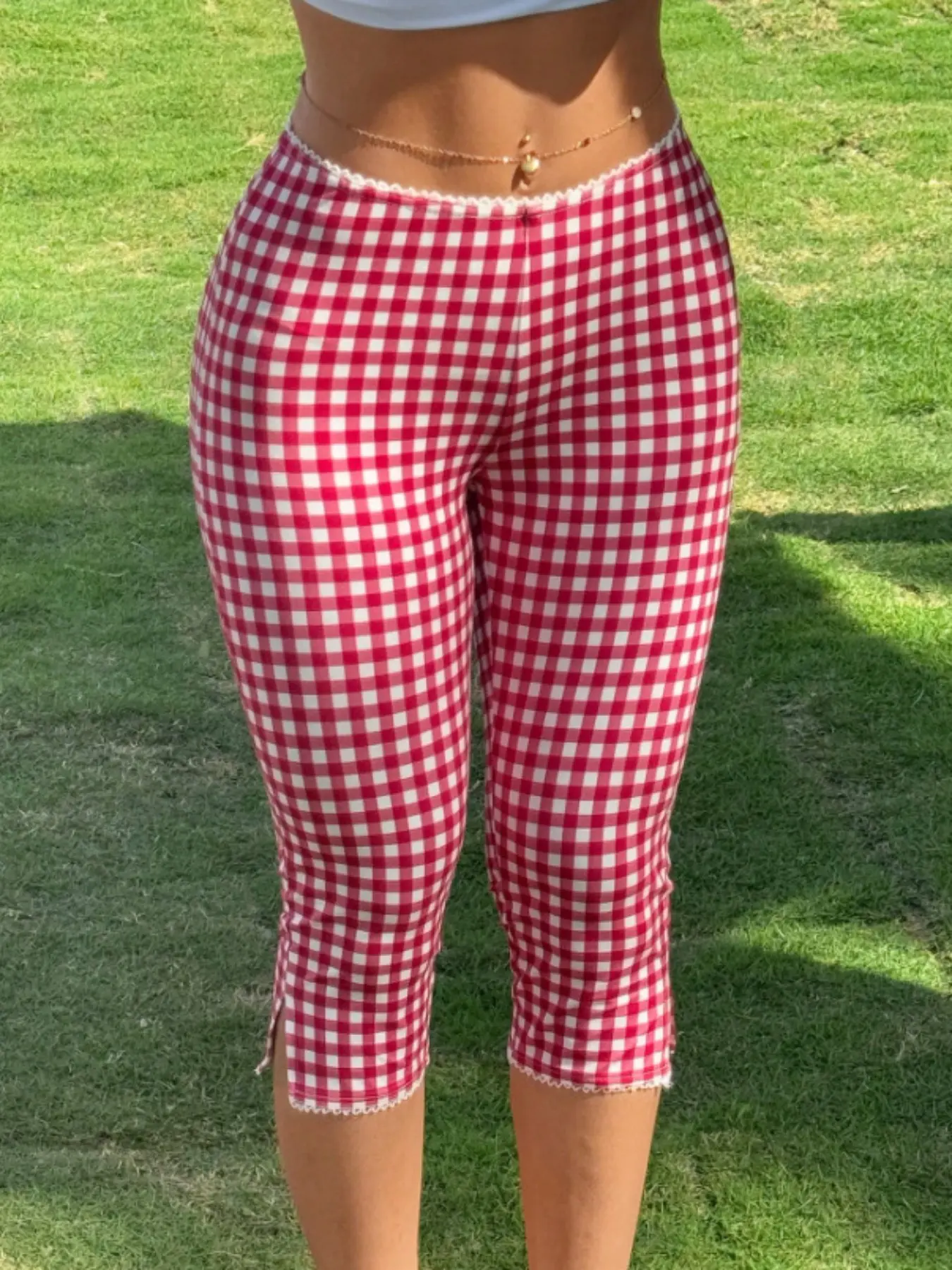 Spring Summer Women's Plaid Knit Elastic Tight Pants, Knitted Sports Pants, Casual Sportswear Pants, Y2K Street Style Seven-Eighths Pants, Side Split Design Sportswear for Fitness