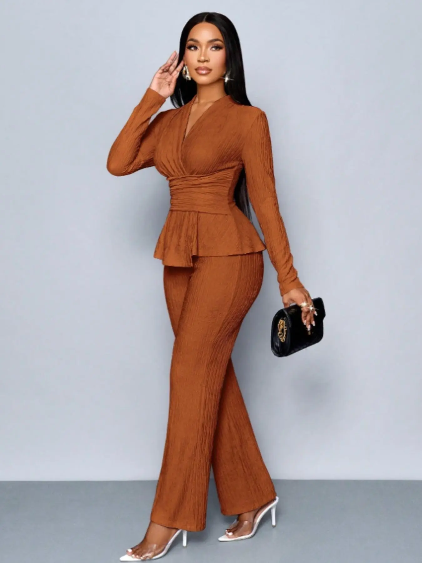 Women's Apricot Color Elegant Chic Fitted V Neck Long Sleeve Knit T-Shirt And Wide Leg Pants Two Piece Set Suits, Asymmetrical Hem Two-Piece Outfits, Casual Everyday Daily Wear Womenswear Clothes Knitwear Set