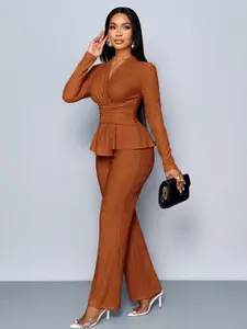 Women's Apricot Color Elegant Fitted V Neck Long Sleeve T-Shirt And Wide Leg Pants Two Piece Set, Asymmetrical Hem Two-Piece Outfits, Casual Daily Wear