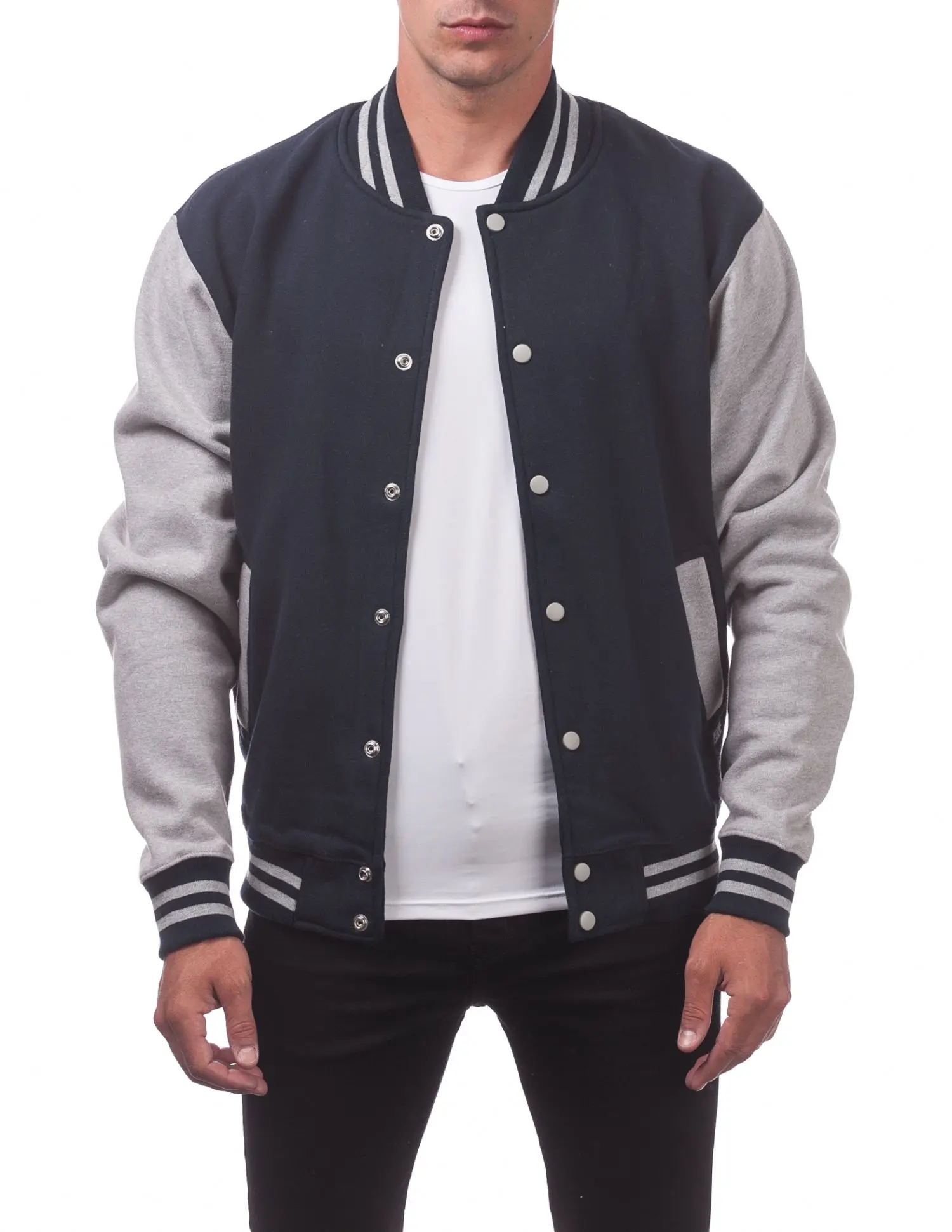 Pro Club Men's Varsity Heavyweight Fleece Baseball Jacket - Navy Blue/Heather Gray - Large, Fabric, Sleeves, Menswear