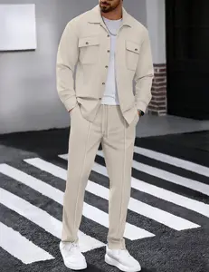 Autumn New Waffle Long Sleeved Pants Two-Piece Set Solid Color Double Pocket Button Up Cardigan Shirt Set for Men