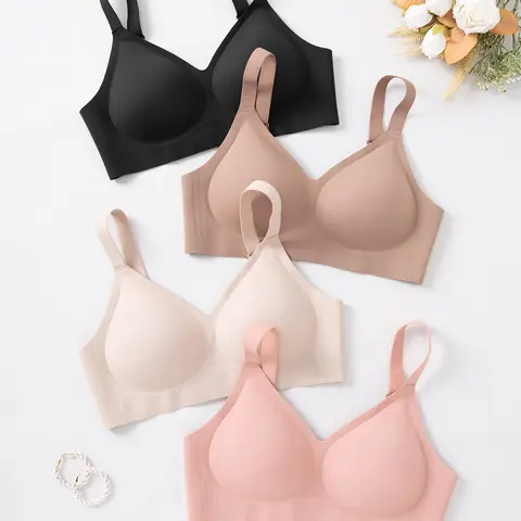 1/4/6 Piece Set Solid Color Seamless Jelly Women's Bras, Soft Wireless Bralettes, with Hook and Adjustable Shoulder Straps, No Underwire Gathered Back, Comfortable, Breathable, Skin-Friendly, Suitable for Daily Casual & Commuting Wear