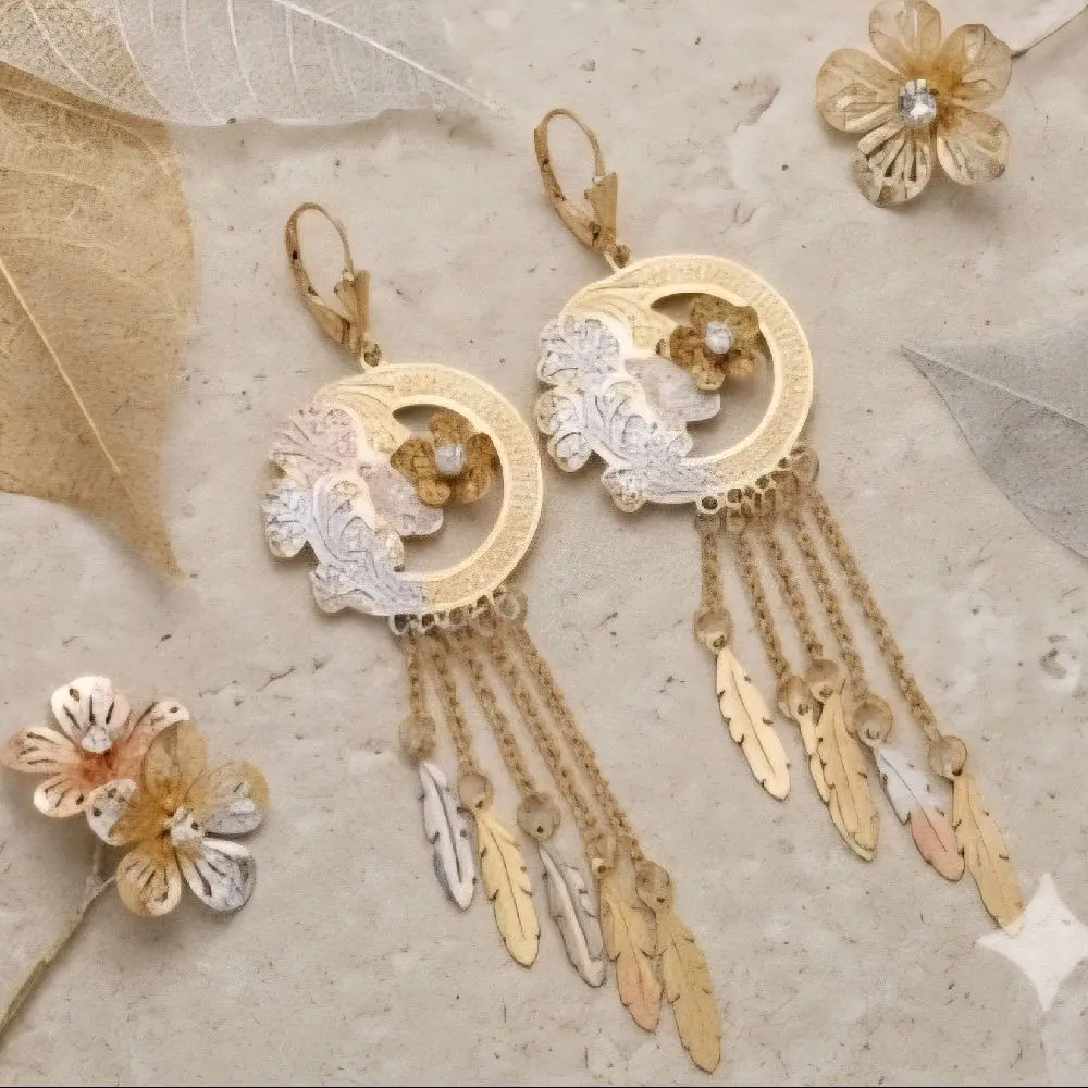 14k Gold Plated Mariachi Earrings with Dreamcatcher Design and Feather Tassels for Women