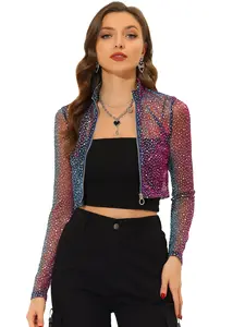 INSPIRE CHIC Women's Sheer Top Glitter Stand Collar Zip Up Y2K Vintage Retro Cropped Jacket