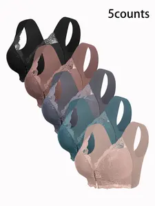 5-Pack Women's Contrast Lace Wireless Front Closure Bra, Soft Comfortable Breathable Supportive Bra, Lingerie Top for Daily Wear, Wirefree Bra
