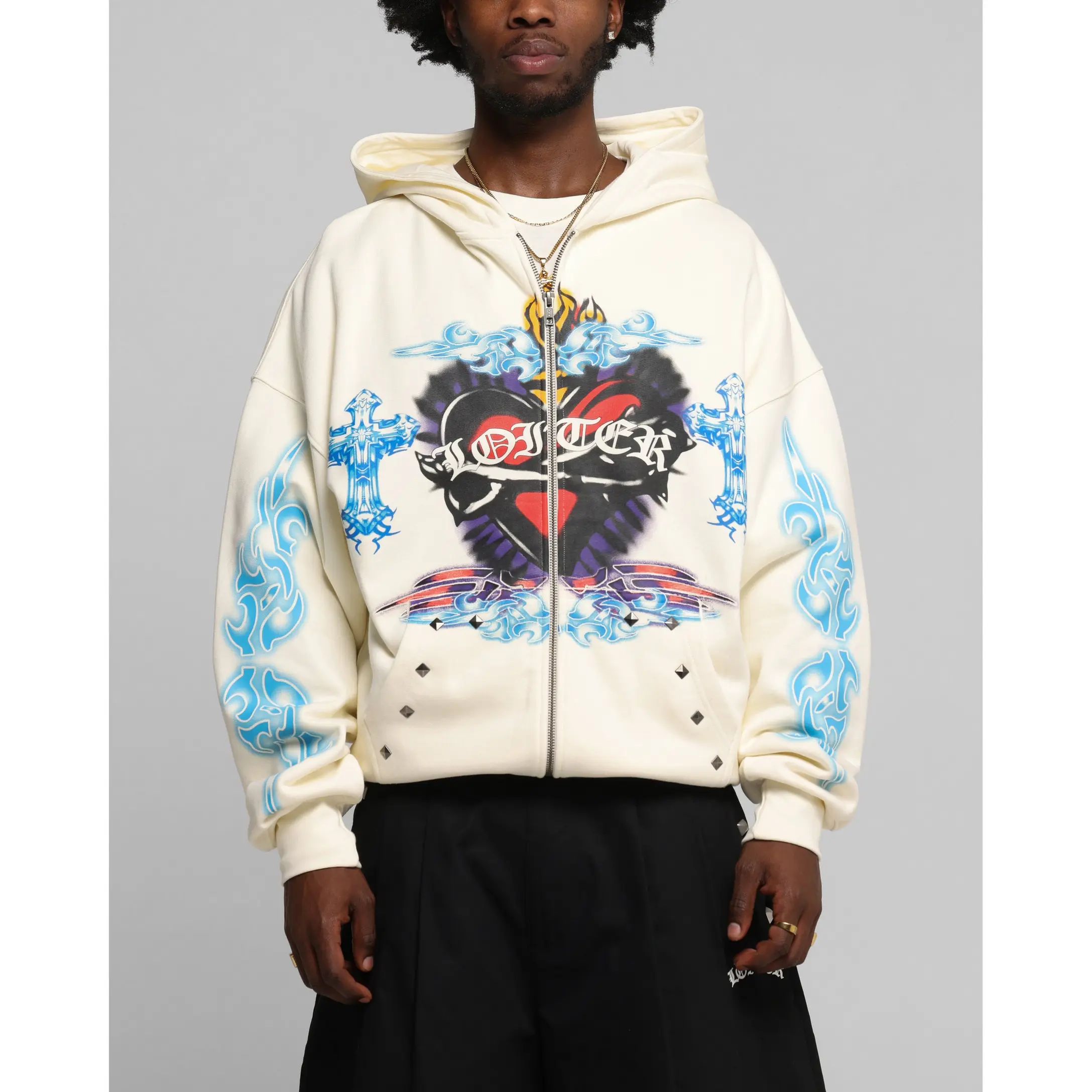 Loiter Hearts Zip Hoodie Off White