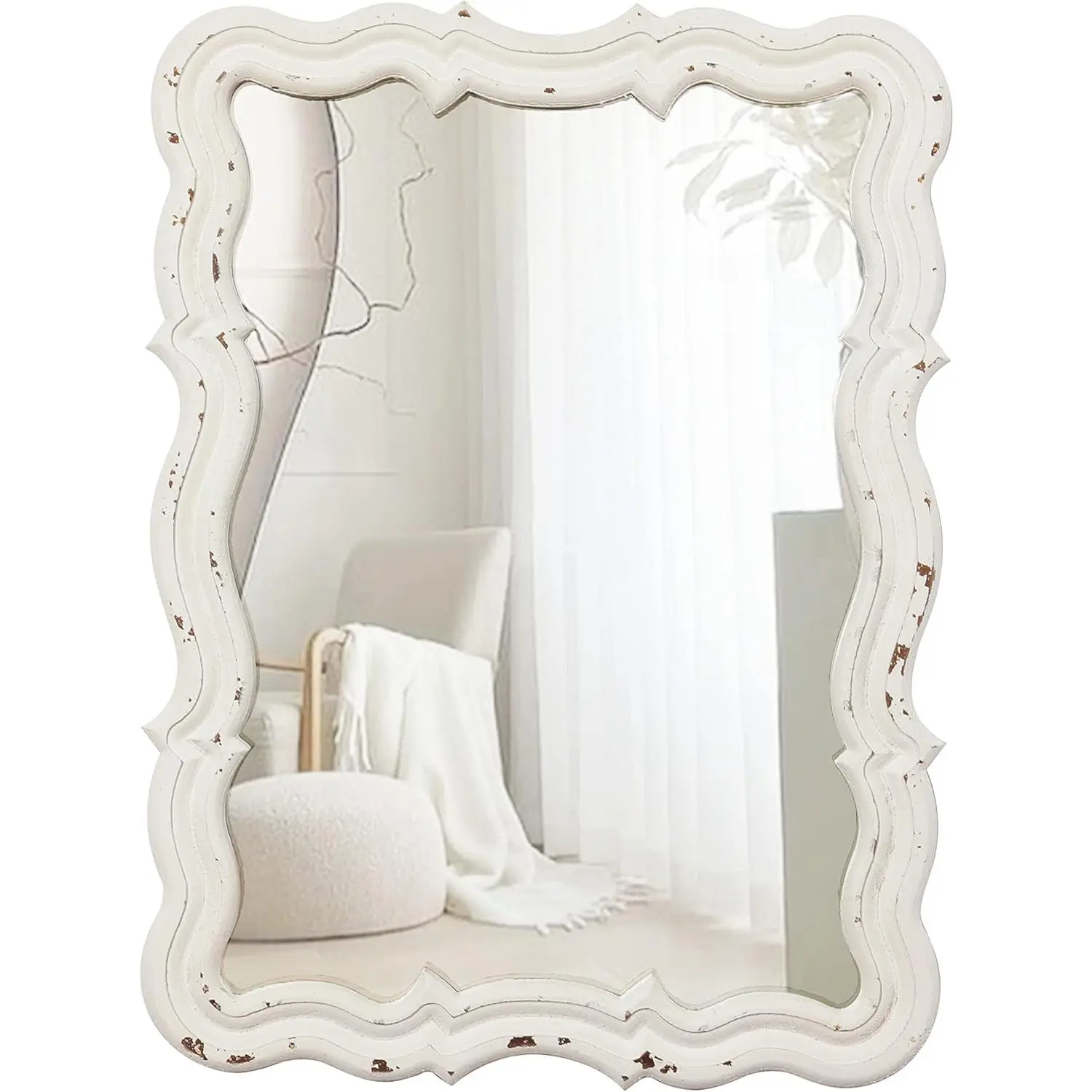 Small Scalloped Wall Mirrors Decorative 16 x 12 inch, Hanging Distressed White Sculpted  Bathroom Vanity Mirror, Rustic Entryway Mirror, Farmhouse Wall Mounted Mirrors