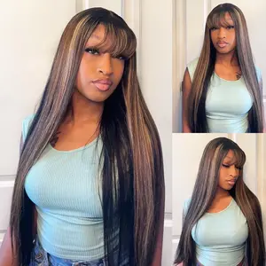 [30” Only $109.99] Menglle Hair Honey Blonde highlight 13x4 Long Straight With Bangs Glueless Human Hair Lace Front Wig Burgundy Silky Straight Lace Wig Easy Wear 180% Density#Summervibes#TikTokShopStockUp