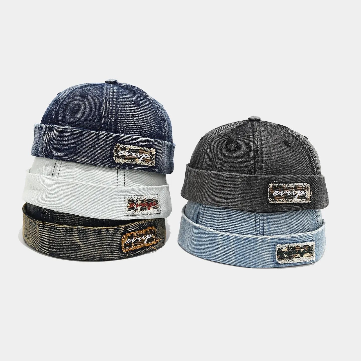 Retro Spliced Denim Docker Baseball Cap - Brimless Visorless Leopard Cotton Beanie, Adjustable Street Cool Vintage Snapback, Baseball Cap Adjustable
