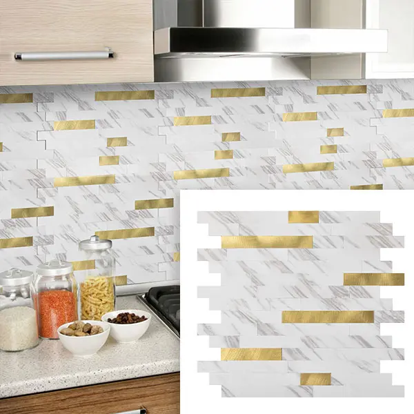 【SummerVibes】Art3d 10-Sheet 13.8‘’×11.8‘’ Peel and Stick Backsplash Vinyl Stone Tile for Kitchen, Bathroom,  Laundry Room Decor in White Slate with Gold Studded