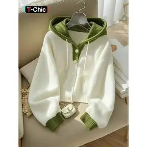 Women’s color-block soft, comfortable long-sleeve hoodie sweater; stylish casual oversized knit cardigan for fall and winter; chic women’s outerwear