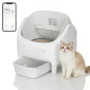 Self Cleaning Litter Box, Automatic Cat Litter Box with WiFi APP Control, Odor-Free Waste Disposal Includes Trash Bags, 10.5L Waste Bin, Open-Top, for Multiple Cats, Light Grey/White