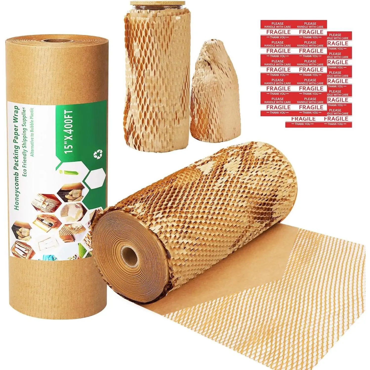 Protective Moving Packing Paper Wrap (15"x400'), Eco-Friendly Sustainable Alternative to Bubble Cushioning, Fully Recyclable Roll for Movers & Holiday Gifts, Includes 20 Fragile Stickers