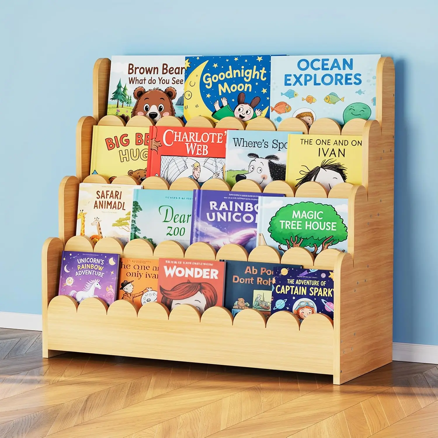 SpaceAid 4-Tier Montessori Bookshelf – Front-Facing Scalloped Book Shelf for Toddlers