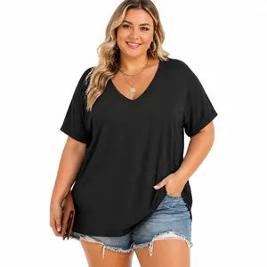 Women's Plus-Size Feminine Curvy-Friendly T-Shirt - Stretchy Rayon Fabric, Comfortable Casual Basic Summer V-Neck Roll Short-Sleeve Loose-Fit Side-Split Tunic, KPS5011