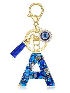 New Fashion Blue Letter Keychain, Bling Bling Keychains, 26 Alphabet Tassel Devil Eye Keyring, Women's Bag Accessory, Gift for Friends, Casual Style, Pendant Keychain, Keychain Jewelry