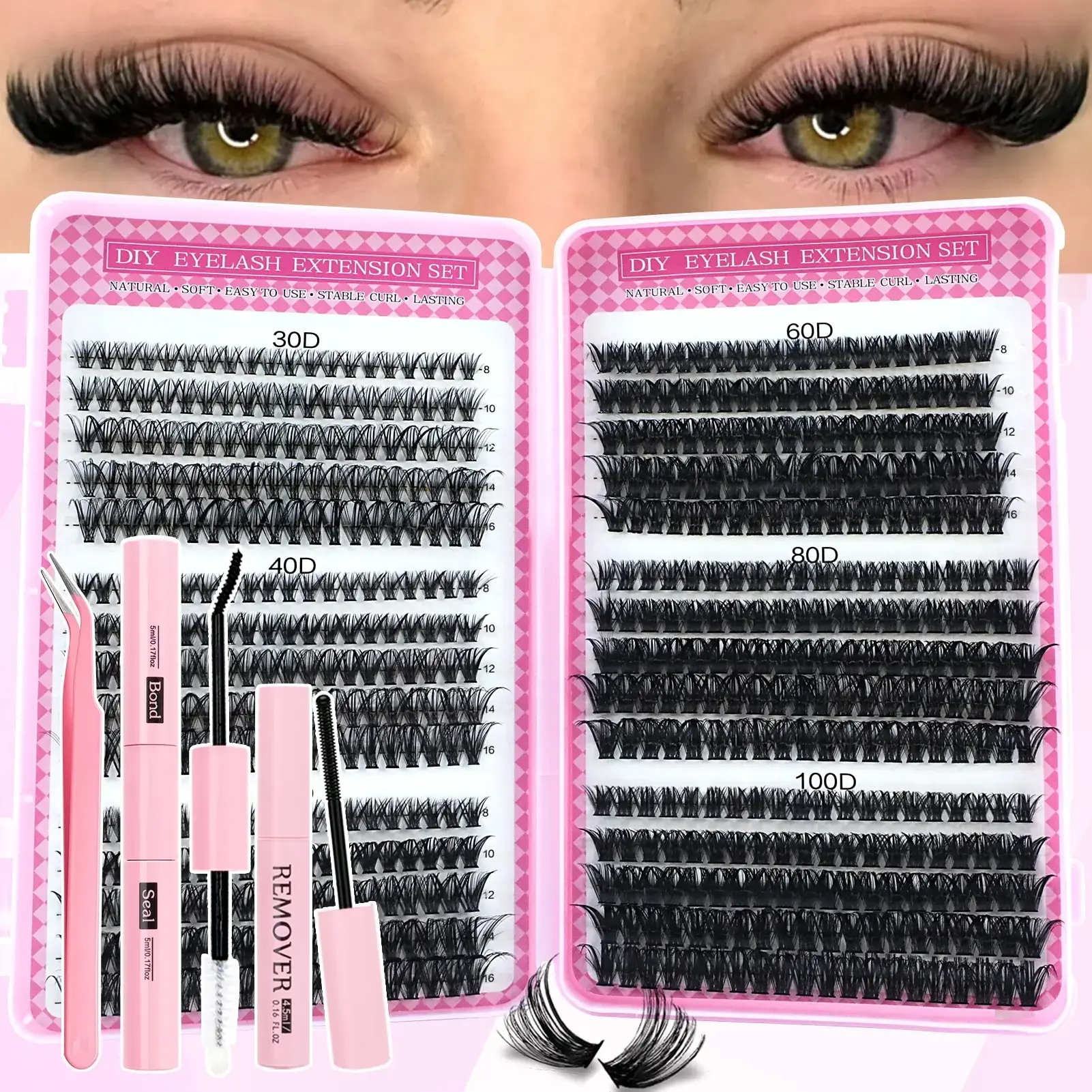 600pcs Eyelash Extension Kit with Glue, Tweezers, Remover Cream, D Curl Mixed 8-16mm, Large Capacity, Home Use, Beginner Friendly, DIY Lash Set, DIY Eyelashes Kit Eyelash Extensions