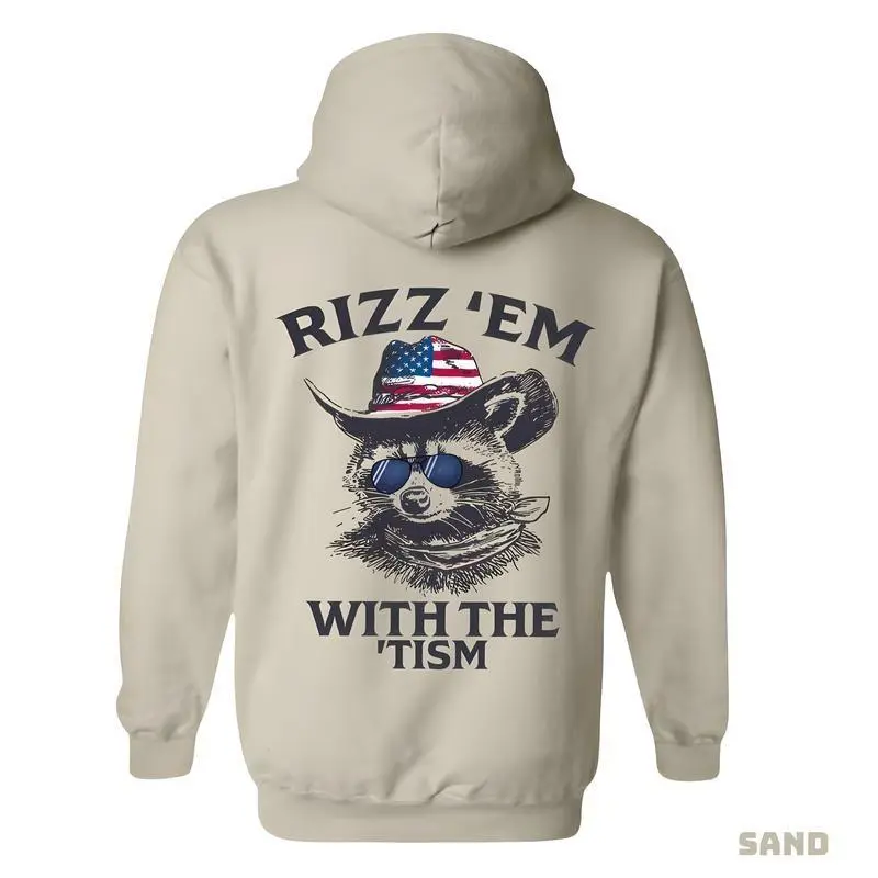 'Rizz 'Em With The 'Tism' Graphic Hoodie, Women's Soft Cotton-Blend Pullover, Comfy Casual Sweatshirt with Raccoon Print, Fabric, Printed, Tops, Long Sleeve, Style, Pullover Hoodie