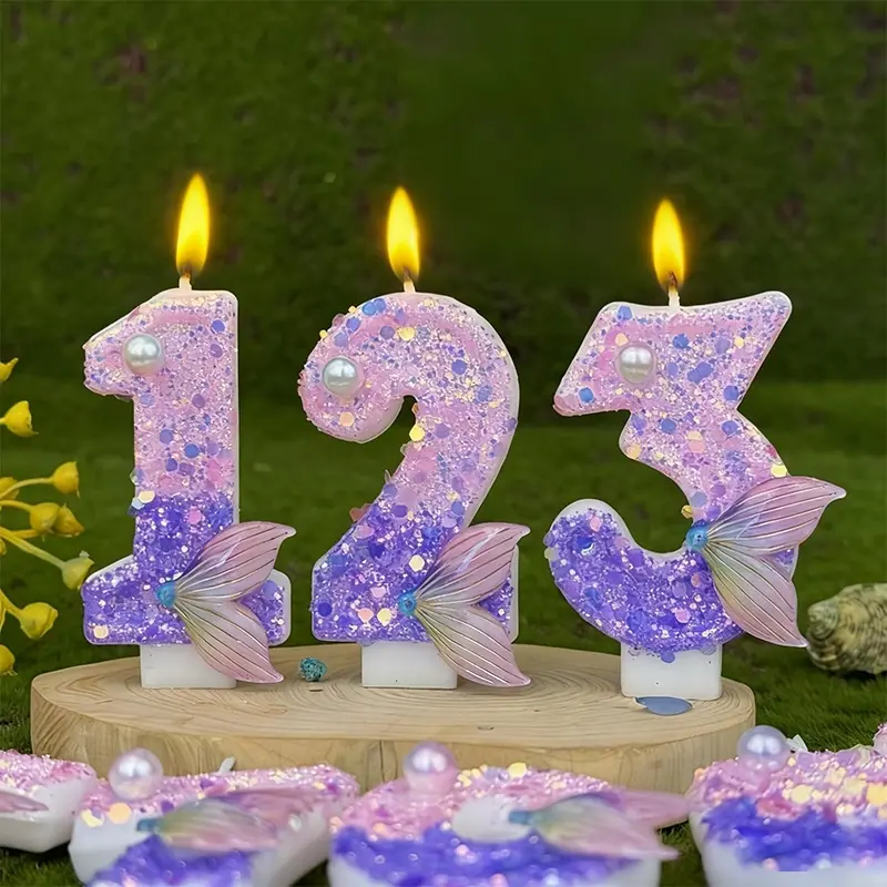 1pcs Pink and purple mermaid tail number birthday candles, new 3D number cake candles, Cake Decorating party decoration candles, anniversary celebration birthday candles, festive decorative items, Ornaments, Birthday Cake Decorations