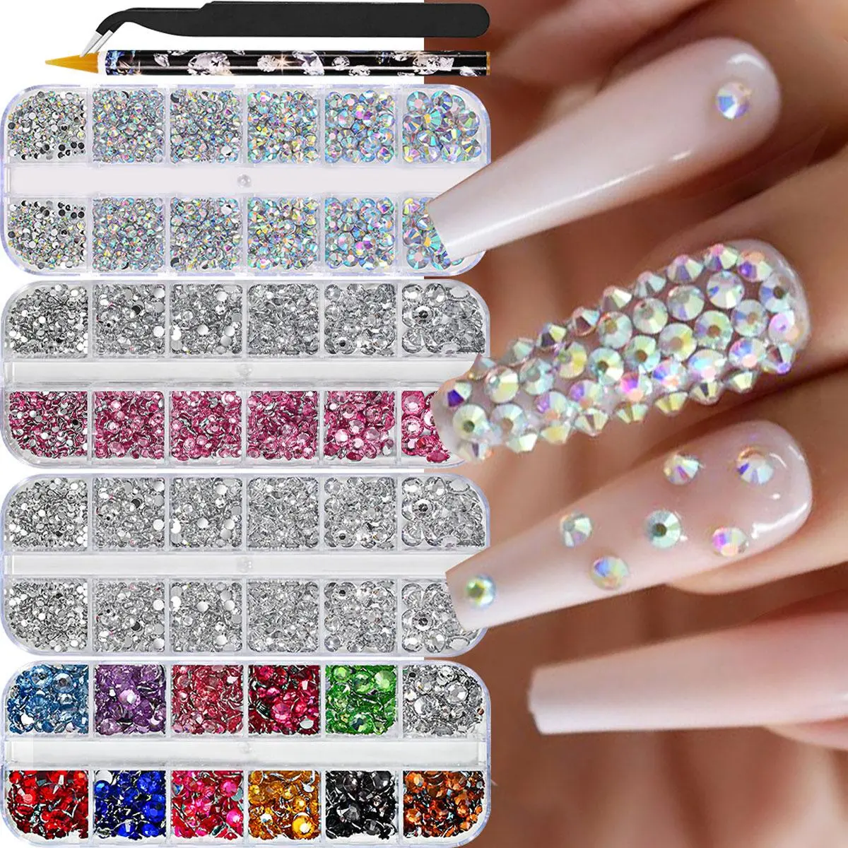 12 Grids Flatback Glitter Rhinestones for Nail Art Decoration with Tools, Bling Rhinestone Decoration, Mixed Color Nail Art Decoration, Diy Nail Art Decoration for Women & Girls, Nail Art Design