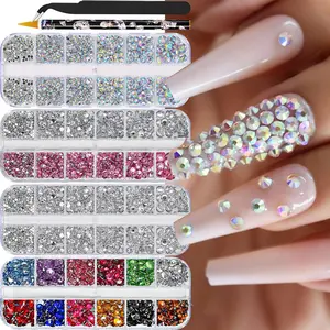 12 Grids Flatback Glitter Rhinestones for Nail Art Decoration with Tools, Mixed Color Nail Art Decoration, Diy Nail Art Decoration for Women & Girls, Nail Art Design
