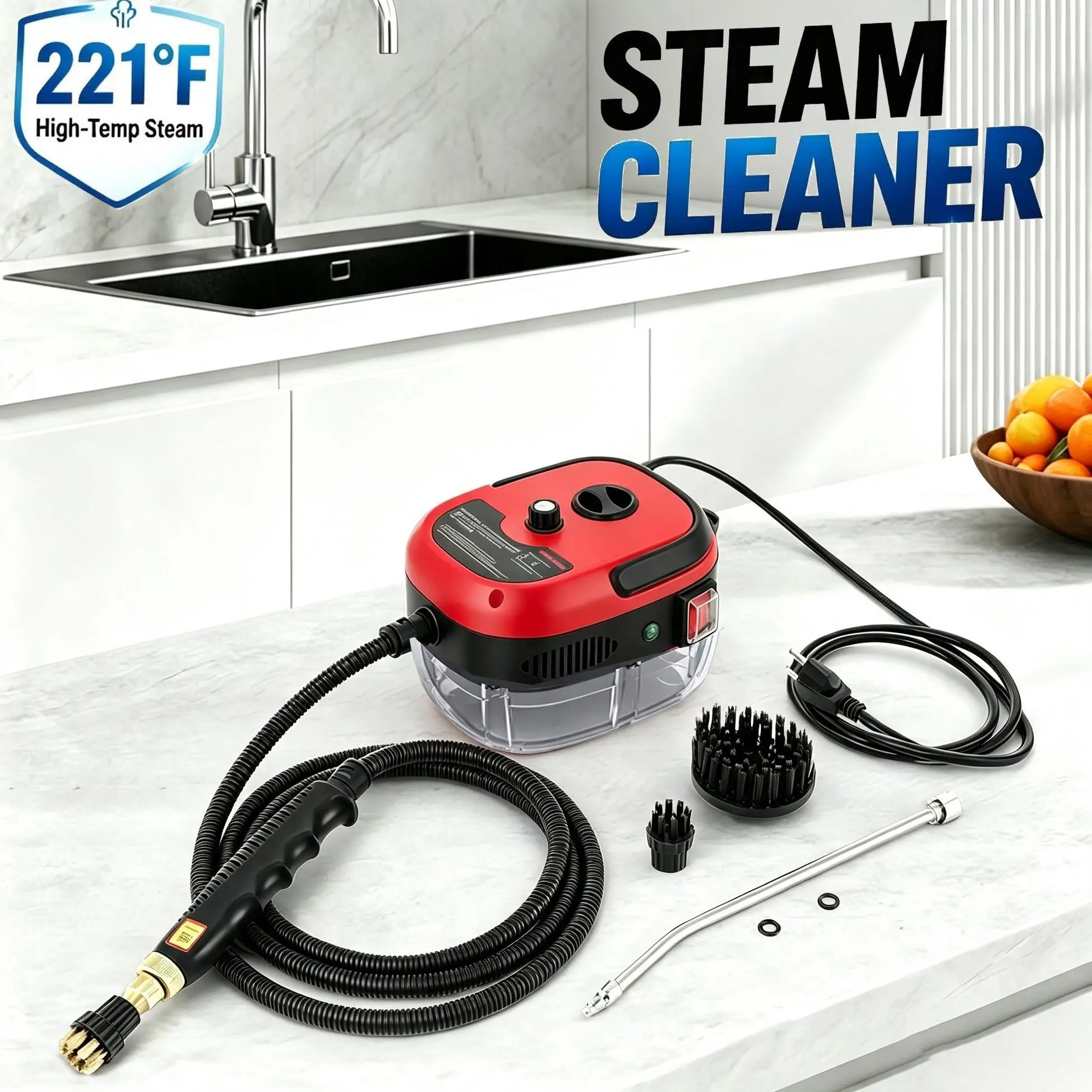 Red Handheld High-Pressure Steam Cleaner, Portable Steam Cleaner with Multi-Surface Kits Included, Multi-Purpose Steam Cleaner for Cleaning Upholstery, Grout, Tile and Car