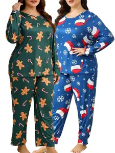 Plus Size Christmas Pajama Set, 2-Pack Round Neck Loungewear, Gingerbread Jogger & Santa Hat Straight-Leg Sleepwear for Women, Perfect for Holiday Pajama Parties & Family Nights