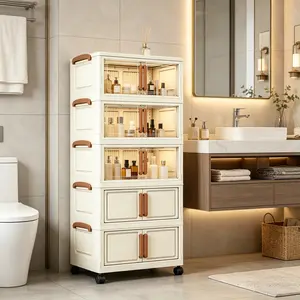 Collapsible Multifunctional Storage Bins，Bathroom Storage Cabinet, Shower Accessories Storage Cabinet-Ideal for Small Spaces,hold Toilet Paper, Foldable Plastic Storage Cabinet with Door, Suitable for Kitchen, Living Room, Bedroom Organiser,