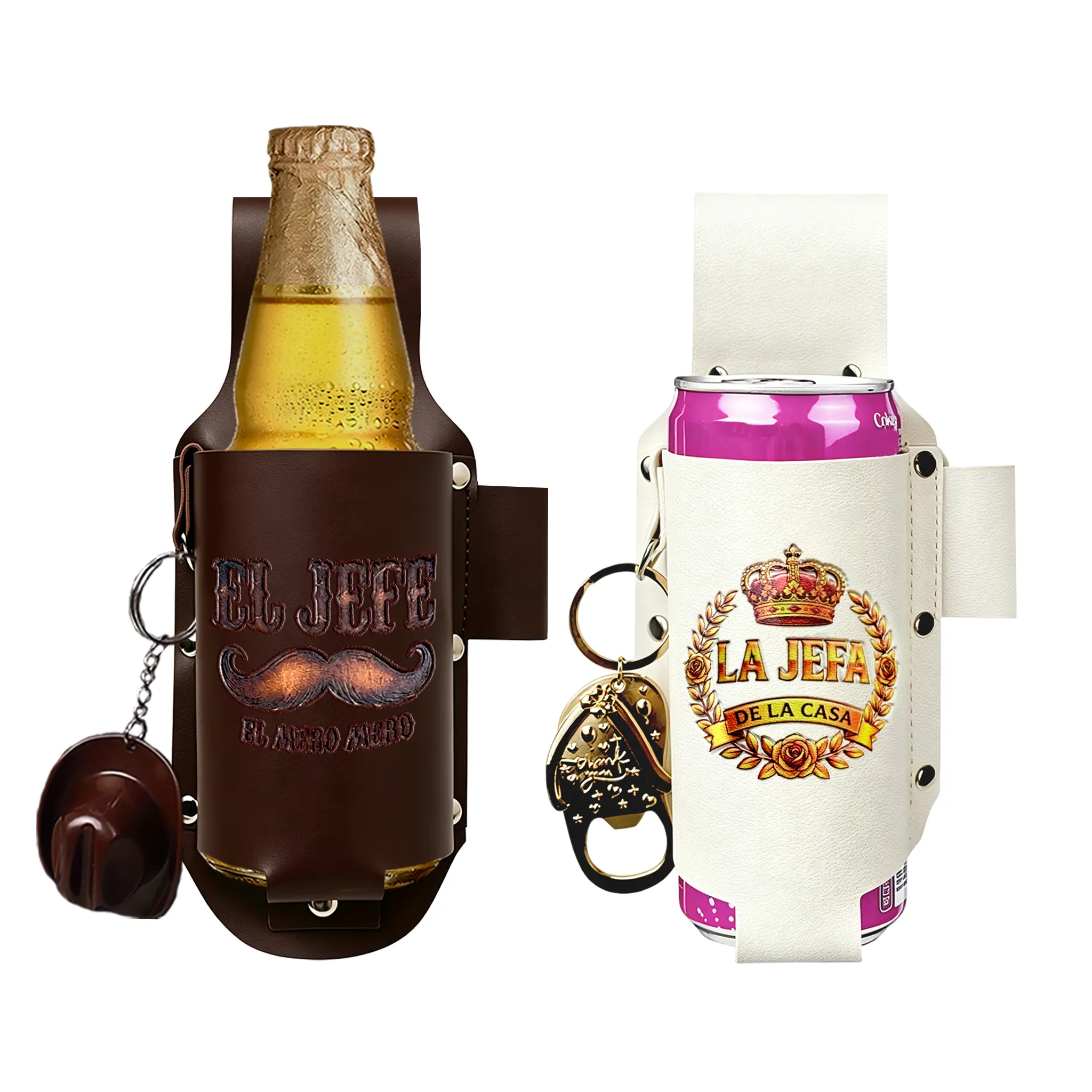Lightweight Leather El Jefa-El Jefe Drink Holster Set - Drink Holders, Couple Matching Sets, 12 oz Cup Compatible, 70g, Cowboy Hat-Chancla Bottle Opener (Hat & Chancla Open), Emblematic Prints, Fits Standard Cans & Bottles Neatly, Mom Gift