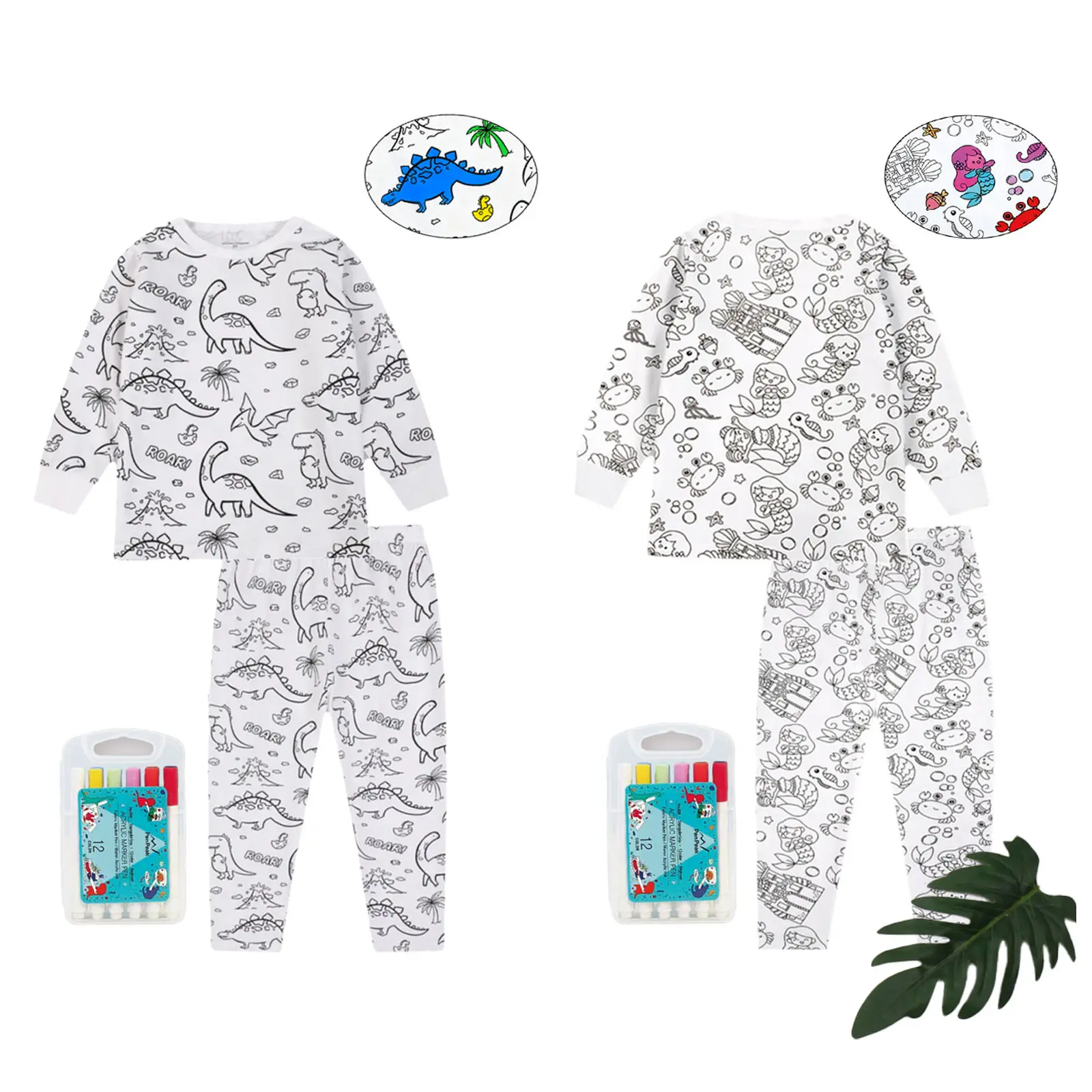 Kids' Unisex Color-Your-Own Coloring Pajama Set with Markers - 3-4 Years Age-Tagged, Animal-Cartoon Character-Themed, Dinosaur-Mermaid Designs, Long Sleeve Snug-Fit Bamboo Viscose Elastane Soft Stretchy Breathable Sleepwear