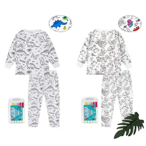 Kids Coloring Pajamas Set with Markers –Soft Bamboo Viscose Unisex PJs, Snug Fit Color-Your-Own Cartoon Sleepwear, Stretchy Breathable Fabric, Dinosaur & Mermaid Themes