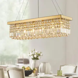 Modern Gold Crystal Chandelier Rectangle Chandeliers for Dining Room Rectangular Pendant Lighting Fixture for Kitchen Island Bedroom