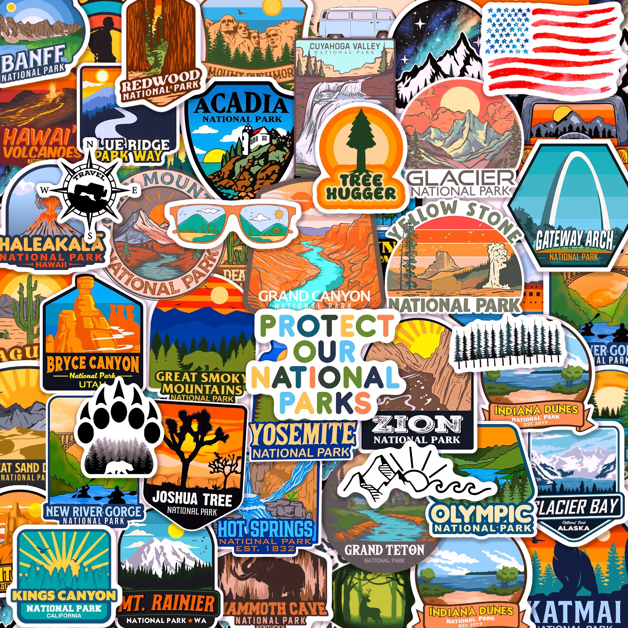 156-Piece National Parks Outdoor Themed Decals Stickers, All 63 U.S. Parks in 1 Set, Waterproof Vinyl Office Stationery Labels for Water Bottles, Laptops, Camping & Hiking Adventures, All 63 U.s. Parks In One Set