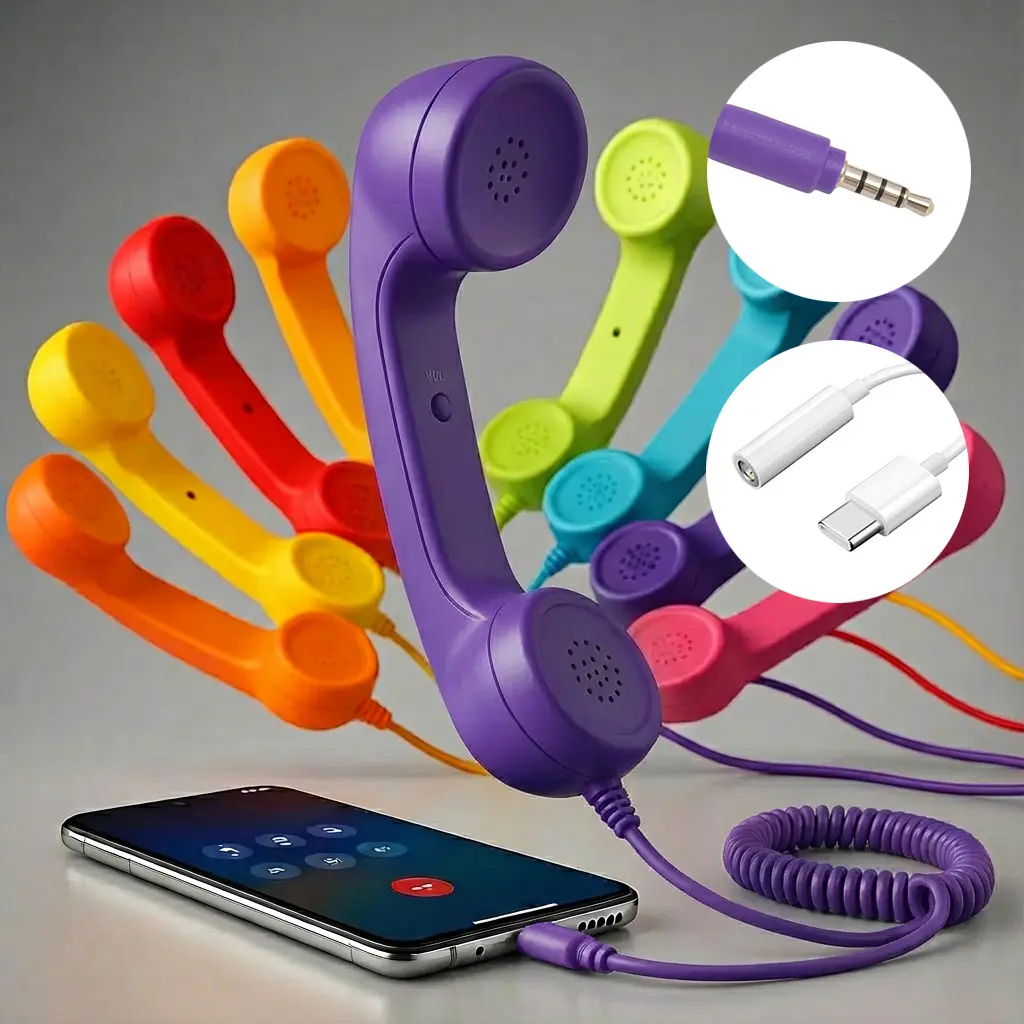 Retro Look Headphone Earpiece (ABS Plastic) with Grip, 3.5mm Plug, Type-C Adapter, Retractable Cable, Adjustable Volume, Button Control, Nostalgic Multicolor Options, Senior-Call Office Accessory, Thoughtful Gift