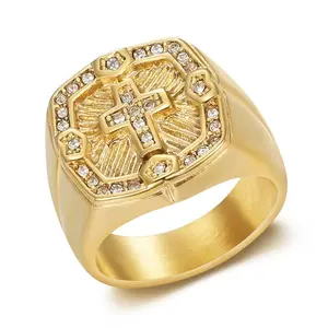Men's 18 Karat Cubic Zirconia Cross Charm Stainless Steel Ring - Punk Design, Multi-Size, Diamond-Studded Crucifix Motif, Elegant Everyday Stainless Steel Jewelry, Holiday Gift, Cubic Zirconia Rings,summerwins