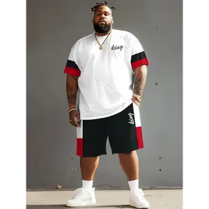 Plus Size Men'S Two-Piece Set Featuring a Short-Sleeve T-Shirt And Shorts - a Casual Summer Outfit in Red And Black.