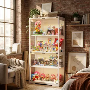 BROTTAR Corner Display Cabinet with LED Lights, 65" Curio Cabinet with Glass Doors for Anime Figures&Toy Collection, 4-Tier Display Case with Human Body Sensor, Glass Cabinet for Living Room, Bedroom, White
