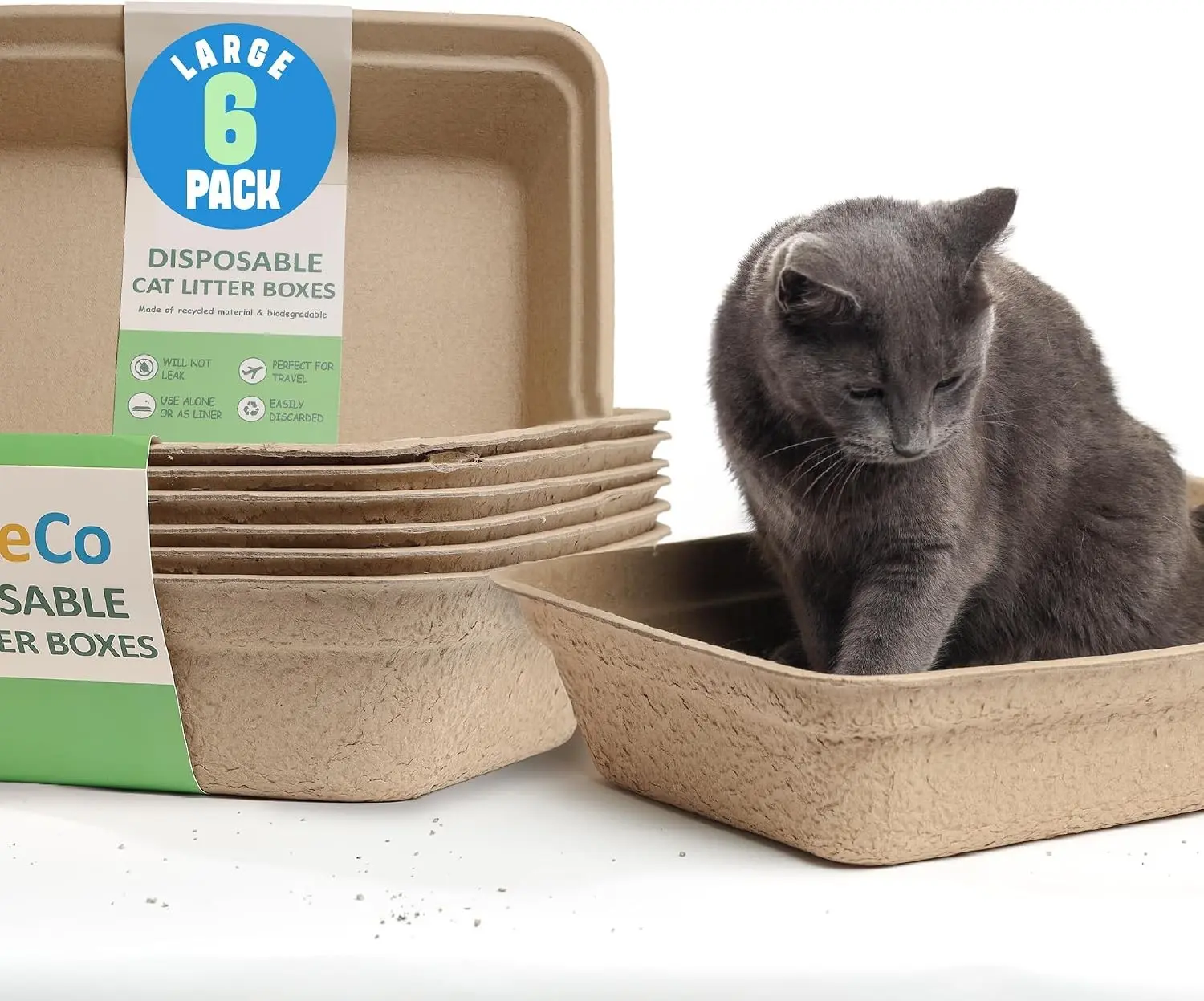 CallieCo Disposable Cat Litter Boxes - Portable Biodegradable Travel Litter Box for Cats, Sturdy and Durable Kitty Poo Box, Leak-Resistant Cat Tray Liners, Easy-Grip Rim, Large - 6 Pack Gift