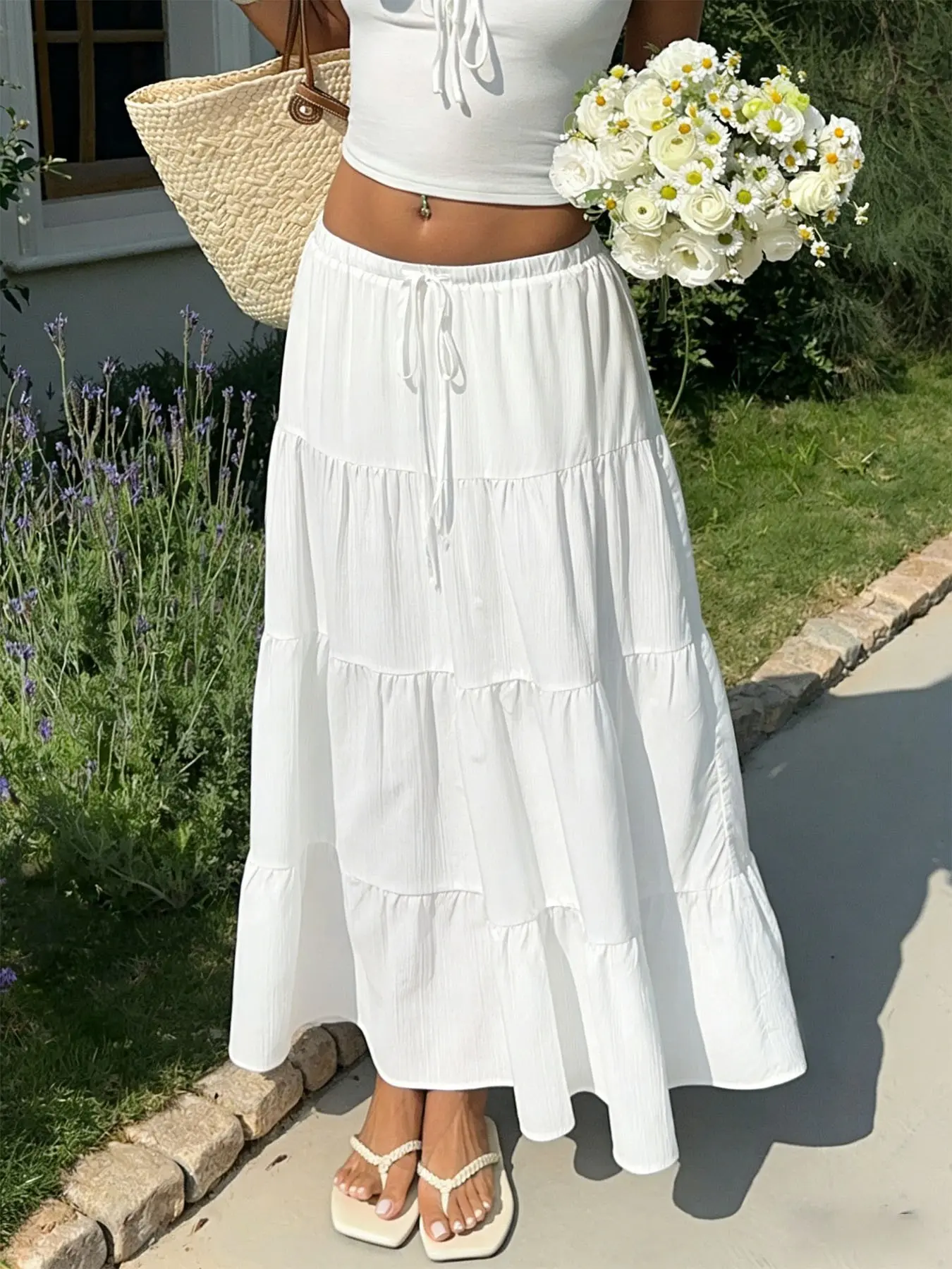 Women's Textured Ruffled Hem White Skirt, Boho Bohemian Elastic Waist Tiered Maxi Long Skirt for Summer Outings, Casual Fashion Bottoms