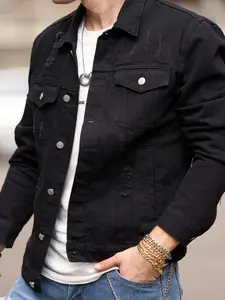 Men's Regular Fit Plain Ripped Button Front Denim Jacket Without Hoodie & Necklace, Casual Pocket Collar Outerwear For Daily Wear, Men's Clothes For All Seasons, National Day Clothing, Denim Shacket Jacket, Coats
