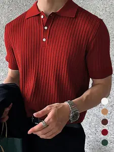 Men's Solid Color Plain Ribbed Knit Polo Shirt, Regular Fit Smart Casual Short Sleeve Collared Knit Top for Summer, Fashion Men's Knitwear Menswear for Daily Wear