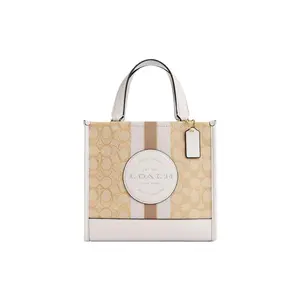 COACH Dempsey 22 Tote Bag for Women – Monogram Stripe Logo Patch, Fabric and Leather, Gold and Light Khaki